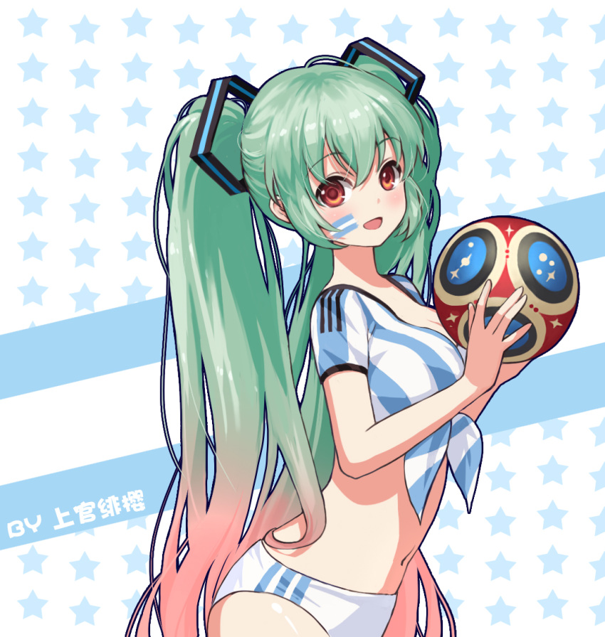 2018_fifa_world_cup :d alternate_costume alternate_eye_color aqua_hair argentina argentinian_flag ball blue_shirt breasts chinese_commentary commentary crop_top eyebrows_visible_through_hair front-tie_top gradient_hair hair_between_eyes hair_ornament hatsune_miku holding holding_ball long_hair looking_at_viewer medium_breasts midriff multicolored_hair navel open_mouth pink_hair red_eyes shangguan_feiying shirt short_sleeves smile soccer soccer_ball soccer_uniform solo sportswear star starry_background stomach striped striped_shirt tied_shirt translated twintails two-tone_hair upper_body vertical-striped_shirt vertical_stripes very_long_hair vocaloid white_background white_shirt world_cup
