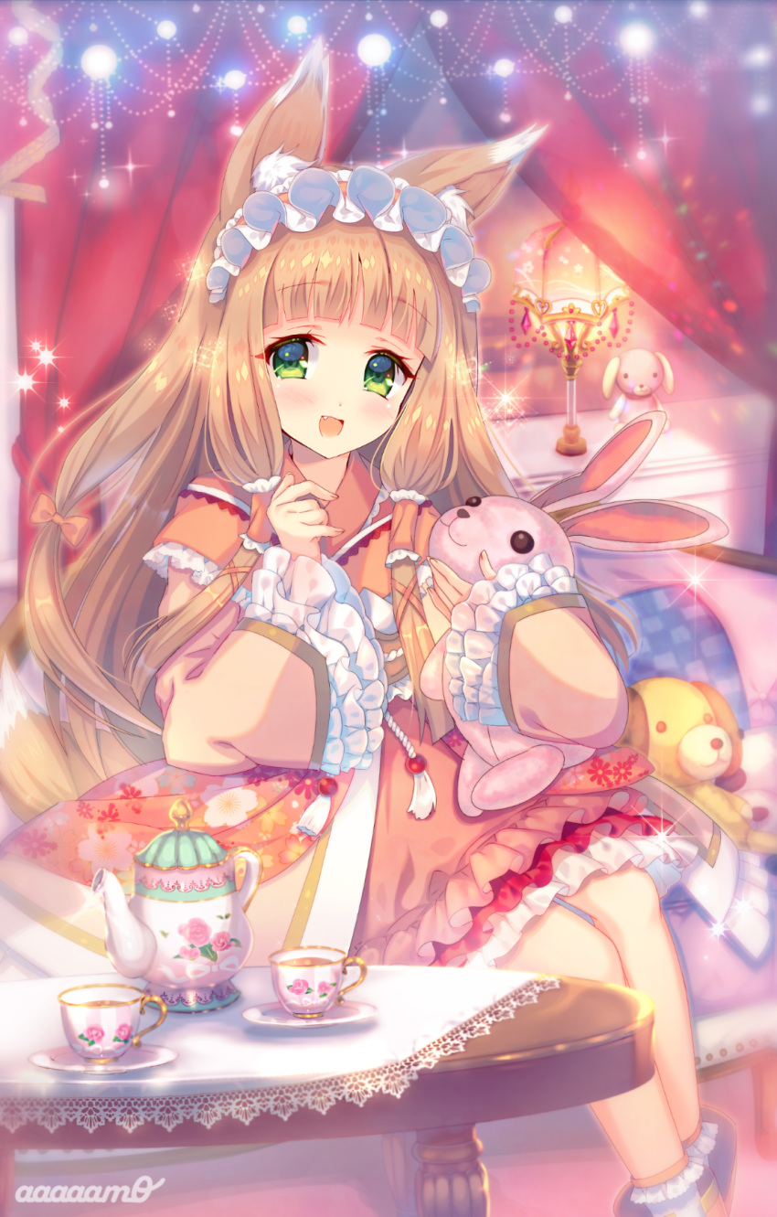 :d amo animal_ears artist_name bangs blush bobby_socks brown_dress character_request checkered checkered_pillow commentary_request cup dress eyebrows_visible_through_hair fang fingernails fox_ears fox_tail green_eyes hand_up highres light_brown_hair long_hair long_sleeves object_hug open_mouth pillow princess_connect! princess_connect!_re:dive saucer sleeves_past_wrists smile socks solo stuffed_animal stuffed_bunny stuffed_dog stuffed_toy table tail tea teacup teapot very_long_hair white_legwear wide_sleeves