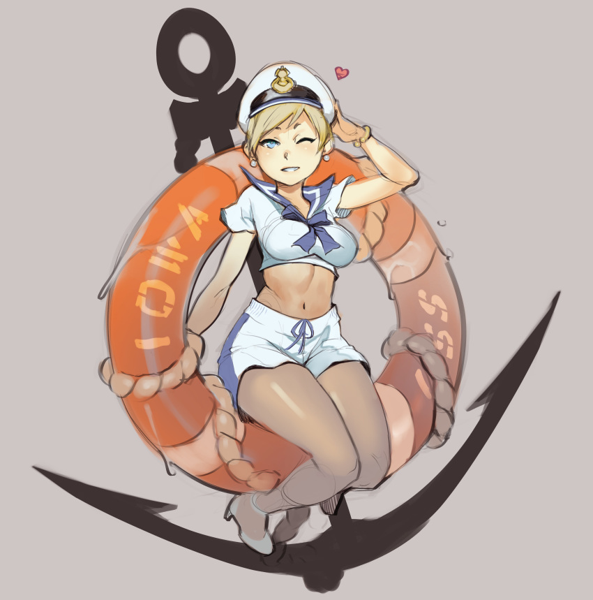 absurdres anchor ankle_boots blonde_hair blue_eyes boots breasts character_request commission copyright_request crop_top earrings full_body grey_background hat highres jewelry lifebuoy medium_breasts midriff navel norasuko one_eye_closed peaked_cap sailor_collar short_hair shorts sitting solo