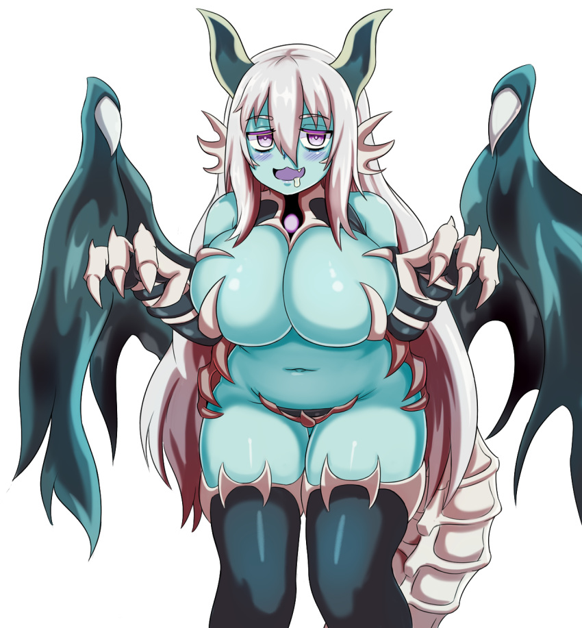 :3 :d aqua_skin bare_shoulders belly black_legwear blush breasts claws colored_eyelashes commentary curvy dragon_girl dragon_wings dragon_zombie_(monster_girl_encyclopedia) drooling english_commentary eyebrows_visible_through_hair fang hair_between_eyes highres horns huge_breasts jitome long_hair looking_at_viewer monster_girl monster_girl_encyclopedia nav navel open_mouth paws purple_eyes purple_tongue simple_background smile solo tail thigh_gap thighhighs very_long_hair white_background white_hair wings