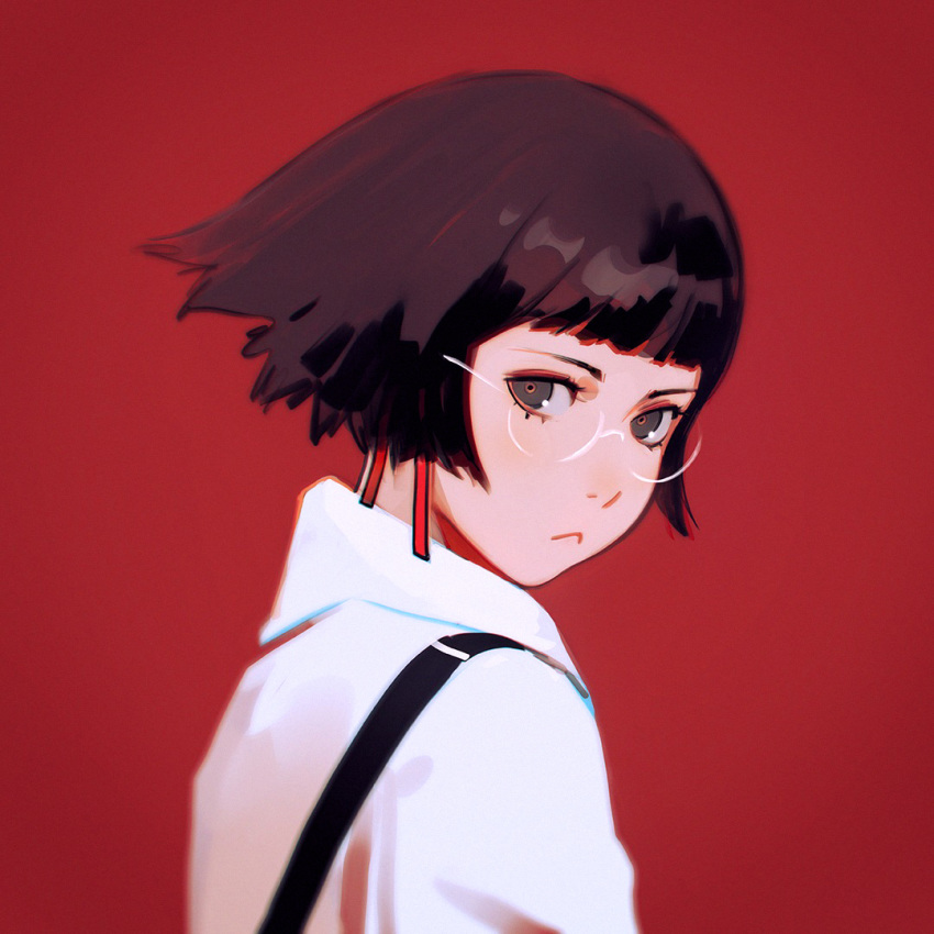 bespectacled brown_eyes brown_hair closed_mouth commentary duplicate glasses ilya_kuvshinov looking_at_viewer looking_to_the_side original red_background shirt simple_background solo upper_body white_shirt