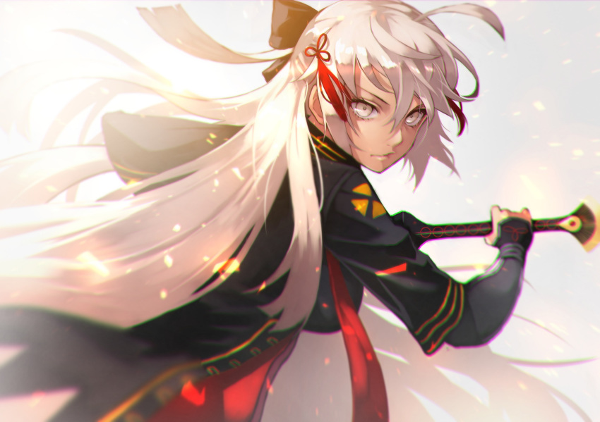 55level ahoge arm_guards bangs black_bow black_coat blurry bow breasts chromatic_aberration closed_mouth coat dark_skin expressionless fate/grand_order fate_(series) from_side hair_between_eyes hair_bow hair_ornament high_collar highres holding holding_sword holding_weapon light_particles long_hair looking_at_viewer medium_breasts okita_souji_(alter)_(fate) okita_souji_(fate)_(all) sheath short_sleeves silver_eyes silver_hair simple_background solo sword tassel unsheathing very_long_hair weapon white_background
