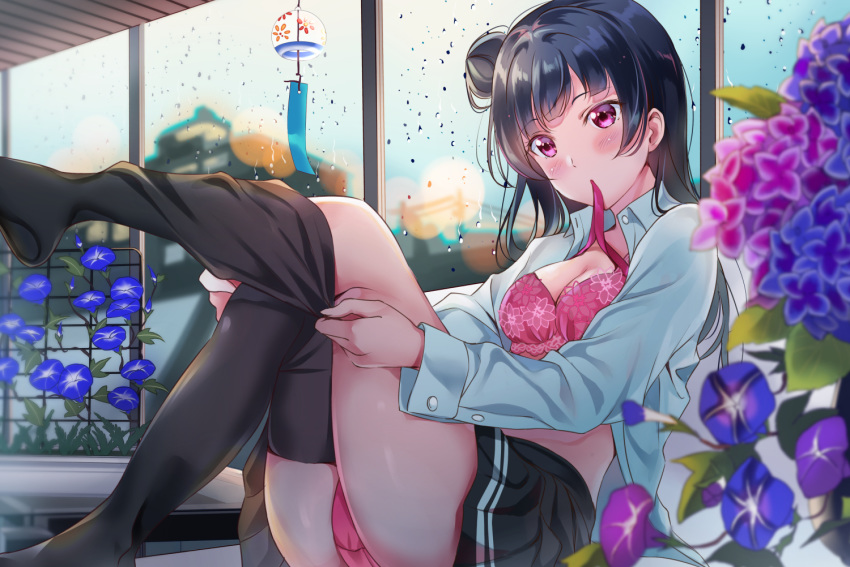 black_legwear blue_hair bra breasts cleavage dressing long_hair love_live! love_live!_sunshine!! medium_breasts mouth_hold open_clothes open_shirt panties pink_bra pink_panties purple_eyes school_uniform side_bun thighhighs tipii tsushima_yoshiko underwear