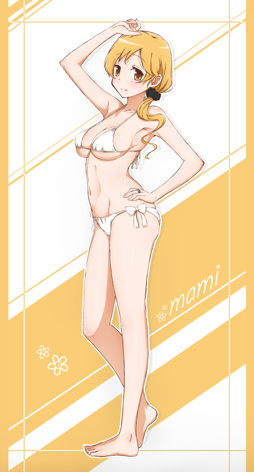 absurdres alternate_hairstyle arm_up barefoot bikini black_scrunchie blonde_hair blush character_name closed_mouth eyebrows_visible_through_hair full_body groin hair_down hair_ornament hair_over_shoulder hair_scrunchie hand_on_hip highres looking_at_viewer mahou_shoujo_madoka_magica md5_mismatch micro_bikini navel scrunchie side-tie_bikini silhouette smile solo standing swimsuit tomoe_mami two-tone_background white_background white_bikini yanmaami yellow_background yellow_eyes