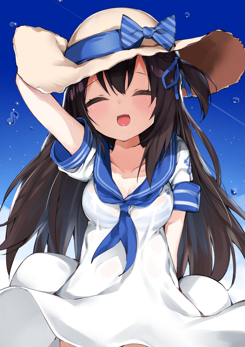 :d absurdres bangs black_hair blue_bow blue_ribbon bow breasts cleavage closed_eyes collarbone commentary_request hair_ribbon hat highres kamioka_shun'ya long_hair open_mouth original ribbon sailor_collar see-through short_sleeves smile solo striped striped_bow water_drop