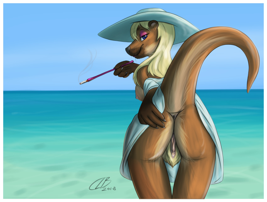 2018 anthro anus beach blonde_hair blue_eyes breasts butt cigarette cigarette_holder clb clothed clothing clothing_lift dress eyeshadow female hair hat long_hair looking_at_viewer looking_back makeup mammal mustelid no_underwear otter outside presenting presenting_hindquarters presenting_pussy pubes pussy sea seaside skirt skirt_lift solo sunhat upskirt water whiskers