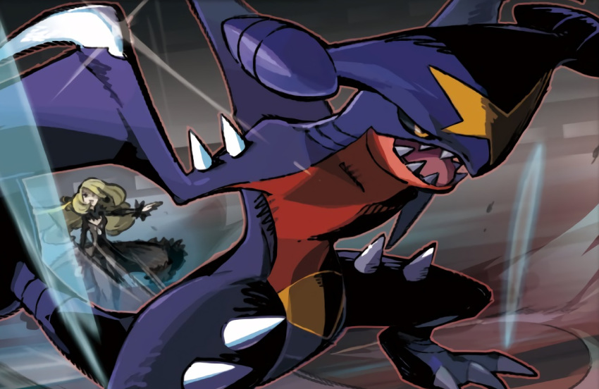 3_toes amber_eyes black_sclera claws clothed clothing cynthia_(pok&eacute;mon) dorsal_fin duo facial_markings fin forehead_markings garchomp hair human long_hair mammal markings megumi_mizutani nintendo official_art open_mouth outline pok&eacute;mon pok&eacute;mon_(species) purple_body spikes teeth toe_claws toes video_games