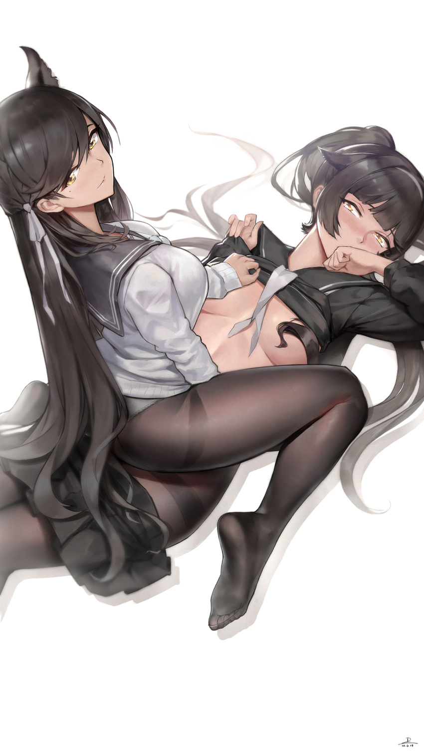 animal_ears atago_(azur_lane) azur_lane bangs black_hair black_legwear black_serafuku black_skirt blush breasts cardigan closed_mouth convenient_censoring covering_mouth duan_henglong extra_ears eyebrows_visible_through_hair feet from_above hair_flaps hand_over_own_mouth highres large_breasts long_hair long_sleeves looking_at_another looking_at_viewer looking_up lying md5_mismatch mole mole_under_eye multiple_girls neckerchief no_bra no_pants no_shoes on_back open_clothes open_skirt panties panties_under_pantyhose pantyhose pleated_skirt ponytail ribbon sailor_collar school_uniform serafuku shirt_lift sitting sitting_on_person skirt skirt_pull smile soles swept_bangs takao_(azur_lane) thighband_pantyhose toes underwear undressing uniform very_long_hair white_panties white_ribbon yellow_eyes yuri