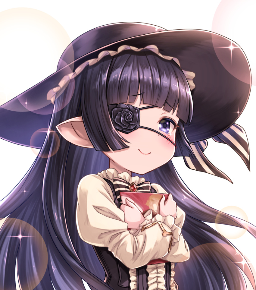 bangs black_dress black_hair black_hat black_ribbon blunt_bangs blush book center_frills closed_mouth commentary_request dress eyebrows_visible_through_hair eyepatch floating_hair frilled_dress frills glint gothic_lolita granblue_fantasy harvin hat hat_ribbon highres holding holding_book juliet_sleeves lolita_fashion long_hair long_sleeves looking_at_viewer lunalu_(granblue_fantasy) object_hug pointy_ears puffy_sleeves purple_eyes ribbon shiny shiny_hair sidelocks simple_background smile solo sparkle striped striped_ribbon tearing_up tomo_(user_hes4085) upper_body white_background white_dress white_ribbon
