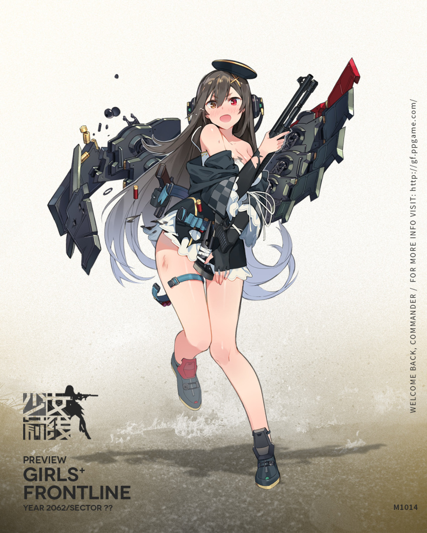 armor bangs bare_legs black_hair blush brown_eyes character_name coat copyright_name d: ddal full_body girls_frontline gun hair_between_eyes hair_ornament hat heterochromia highres legs long_hair looking_at_viewer m1014 m1014_(girls_frontline) official_art open_mouth red_eyes shoes shotgun sidelocks solo standing thighs torn_clothes trigger_discipline very_long_hair weapon x_hair_ornament