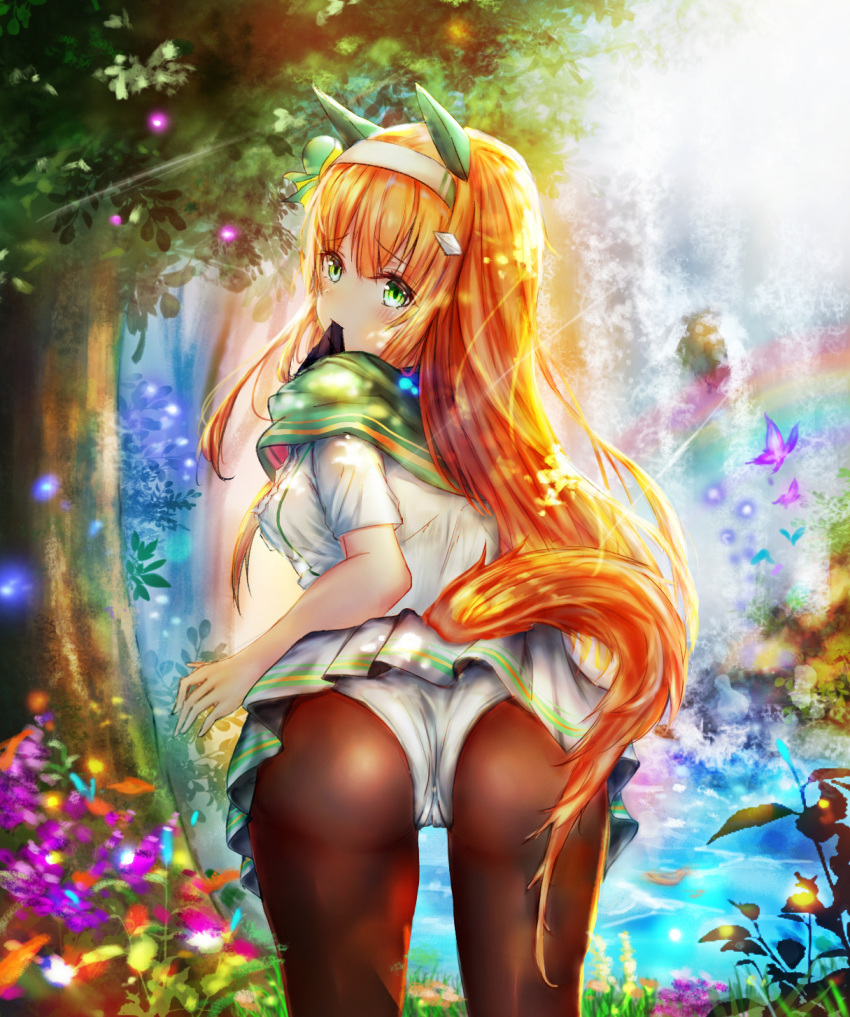 animal_ears ass bangs blush brown_legwear bug butterfly day ear_covers flower green_eyes hair_ornament hairband highres horse_ears horse_girl horse_tail insect long_hair looking_at_viewer luminous mouth_hold orange_hair outdoors pantyhose rainbow silence_suzuka skirt solo sunlight tail tree umamusume water waterfall white_hairband white_skirt