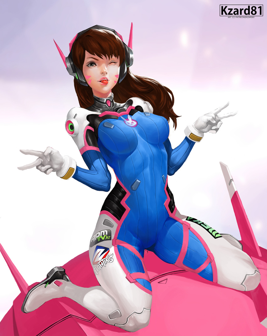 acronym animal_print bangs blue_bodysuit bodysuit breasts brown_eyes brown_hair bunny_print clothes_writing d.va_(overwatch) double_v facepaint facial_mark full_body headphones high_collar highres kzard81 long_hair looking_at_viewer mecha medium_breasts meka_(overwatch) nose one_eye_closed open_mouth overwatch patreon_username pilot_suit pink_lips purple_background ribbed_bodysuit shoulder_pads sitting sitting_on_object skin_tight solo swept_bangs tongue tongue_out upper_teeth v wariza whisker_markings white_background