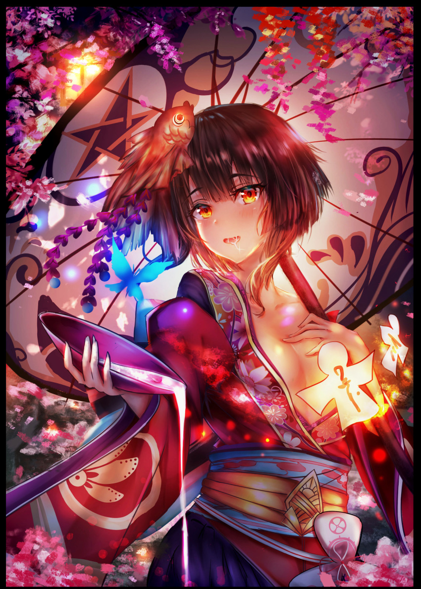 absurdres black_border border breasts brown_eyes brown_hair cleavage convenient_censoring cup fish flower goldfish hair_ornament hand_on_own_breast highres japanese_clothes kagura_(onmyoji) kimono luminous off_shoulder onmyoji parasol sakazuki saliva short_hair solo spill standing umbrella upper_body