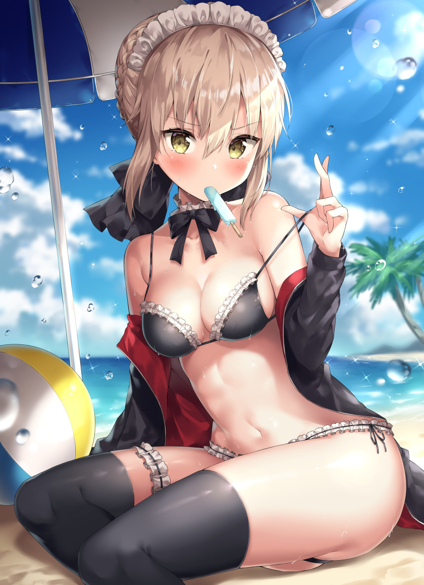absurdres ale_nqki artoria_pendragon_(all) artoria_pendragon_(swimsuit_rider_alter) ass ball bangs bare_shoulders beach beachball bikini black_bikini black_bow black_jacket black_legwear black_neckwear black_ribbon blue_sky blurry blurry_background blush bow bowtie braid breasts brown_hair choker cleavage cloud collarbone commentary_request day depth_of_field eyebrows_visible_through_hair fate/grand_order fate_(series) food food_in_mouth french_braid frilled_bikini_top frilled_choker frills hair_between_eyes hair_bun hair_ribbon hand_up highres jacket leg_garter long_sleeves looking_at_viewer maid_bikini maid_headdress medium_breasts melting mouth_hold navel ocean off_shoulder open_clothes open_jacket palm_tree parasol popsicle red_jacket ribbon sand shade shiny shiny_hair shiny_skin short_hair side-tie_bikini sidelocks sitting sky solo stomach strap_pull summer sunlight swimsuit thighhighs tree umbrella water_drop wet wet_hair white_choker yellow_eyes yokozuwari