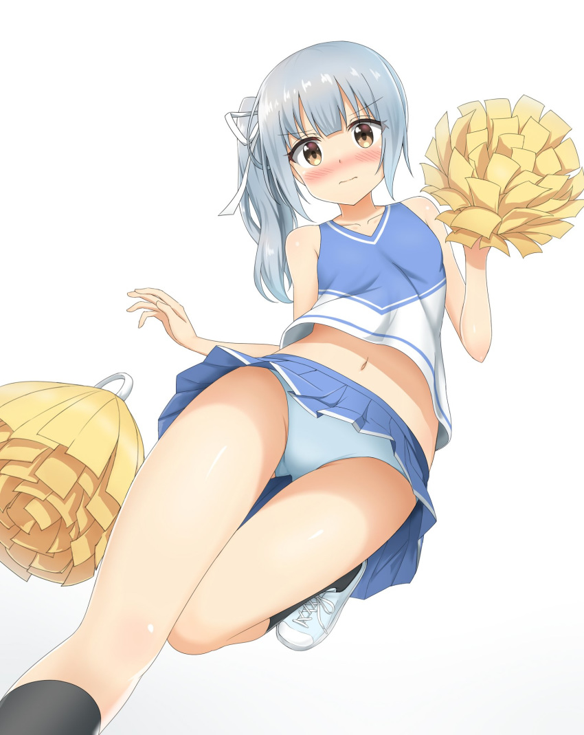 alternate_costume ass_visible_through_thighs bare_arms bare_shoulders black_legwear blue_hair blue_panties blush brown_eyes cheerleader closed_mouth collarbone embarrassed eyebrows eyebrows_visible_through_hair hair_ribbon highres kantai_collection kasumi_(kantai_collection) kneehighs looking_at_viewer midriff navel nedia_(nedia_region) nose_blush panties pantyshot pleated_skirt pom_poms ribbon shoes side_ponytail simple_background skirt sleeveless solo underwear white_background