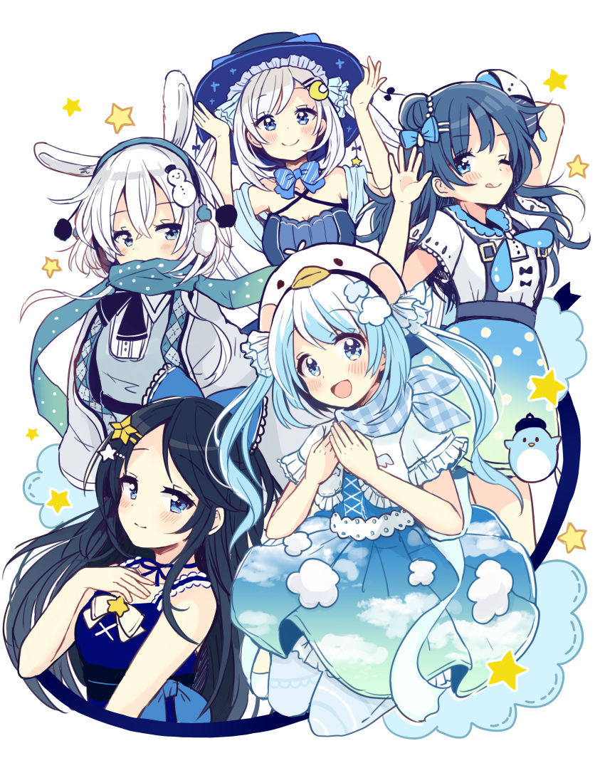 :d ;q absurdres animal_ears arm_up ascot bangs bird bird_hood blue blue_bow blue_dress blue_eyes blue_hair blue_hat blue_legwear blue_neckwear blue_scarf blue_skirt blush bow bowtie bunny_ears capelet chick coat crescent crescent_hair_ornament criss-cross_halter dress earmuffs frilled_hat frills hair_bow hair_ornament hairpin halterneck hand_on_own_chest hand_up hands_on_headwear hands_together hat highres kneeling long_hair looking_at_viewer multiple_girls one_eye_closed open_mouth original polka_dot polka_dot_scarf polka_dot_skirt pom_pom_(clothes) sakura_oriko scarf short_hair side_bun sidelocks skirt sky_print smile snowman_hair_ornament star star_hair_ornament suspenders tongue tongue_out twintails white_hair