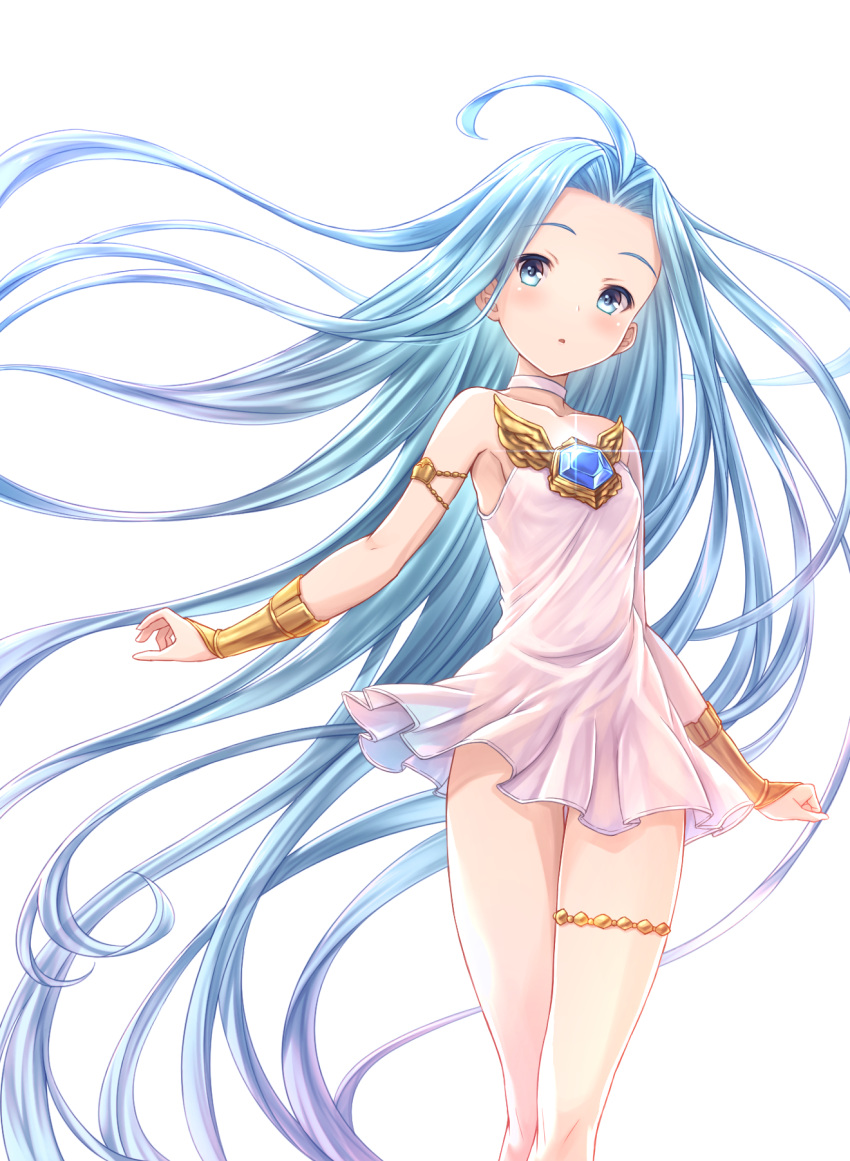 :o ahoge armlet armpits bare_shoulders blue_eyes blue_hair blush breasts bridal_gauntlets choker collarbone dress floating_hair glint granblue_fantasy hair_intakes head_tilt highres legs_together long_hair looking_at_viewer lyria_(granblue_fantasy) no_panties see-through shiny shiny_hair short_dress simple_background small_breasts solo standing straight_hair strapless strapless_dress thigh_gap thighlet tomo_(user_hes4085) very_long_hair white_background white_choker white_dress