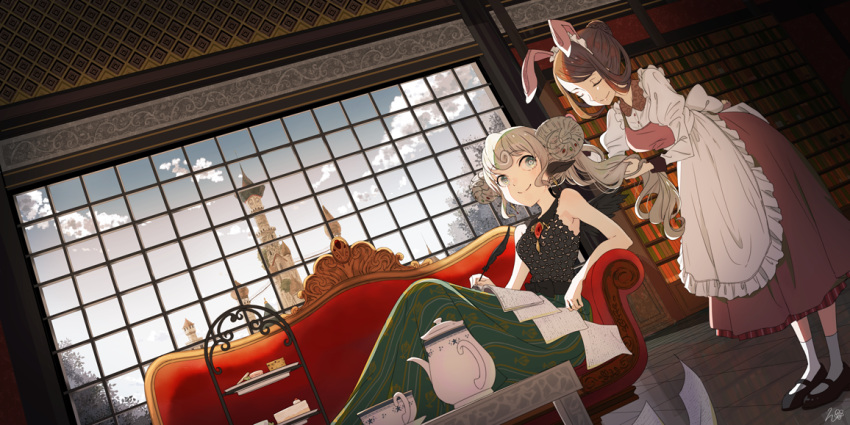 animal_ears apron blonde_hair brown_hair bunny_ears cake closed_eyes couch cup dutch_angle food goat_horns green_eyes hair_bun himaro indoors maid maid_apron multiple_girls original quill reclining sky sleeveless teacup teapot window wings