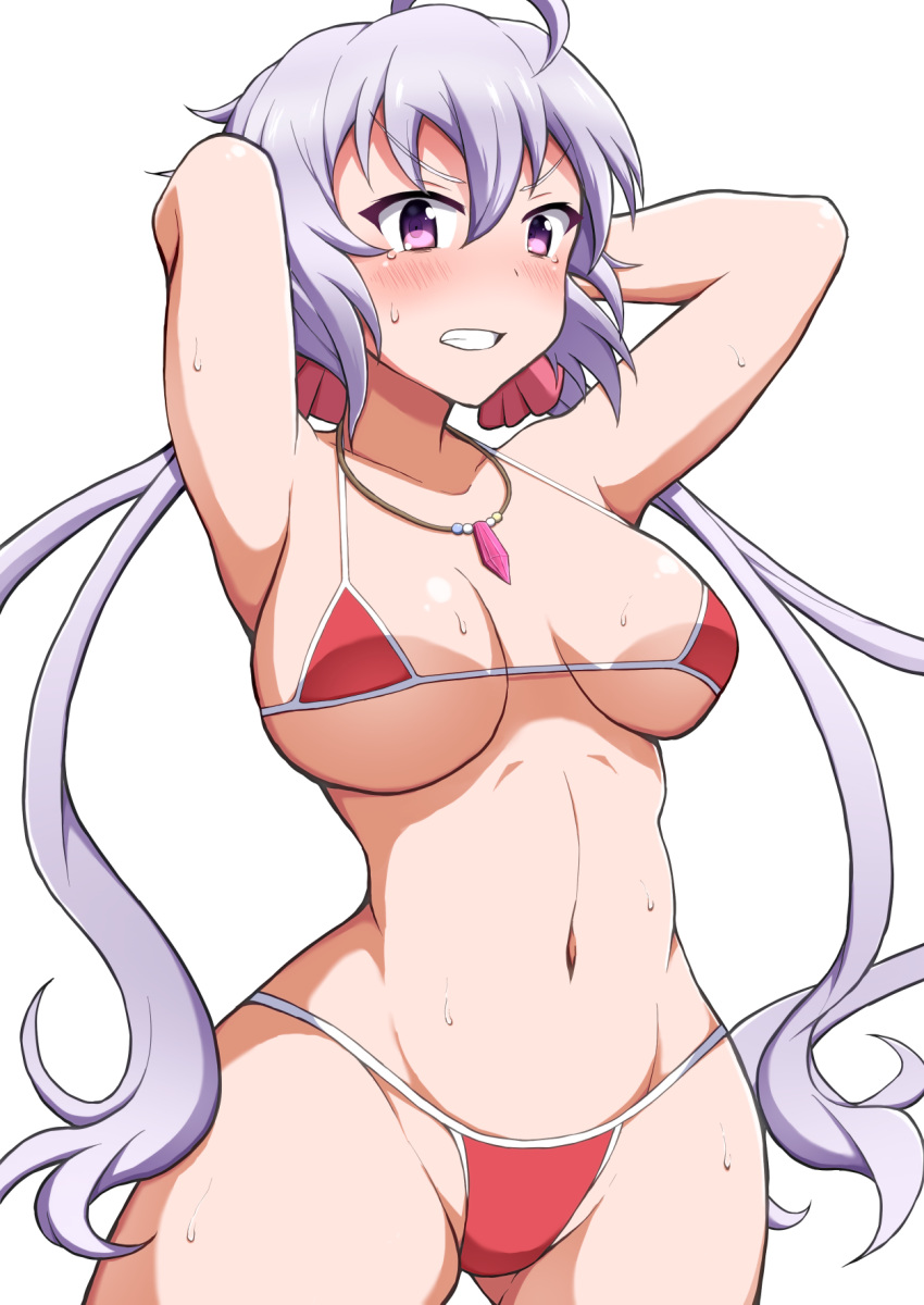 ahoge arms_up ass_visible_through_thighs bikini blush breasts breasts_apart commentary_request embarrassed hair_between_eyes highres jewelry large_breasts lavender_hair long_hair looking_at_viewer low_twintails micro_bikini navel necklace parted_lips partial_commentary pink_scrunchie purple_eyes red_bikini scrunchie senki_zesshou_symphogear shiny shiny_hair simple_background solo sukeberosu sweat swimsuit teeth twintails underboob very_long_hair white_background yukine_chris