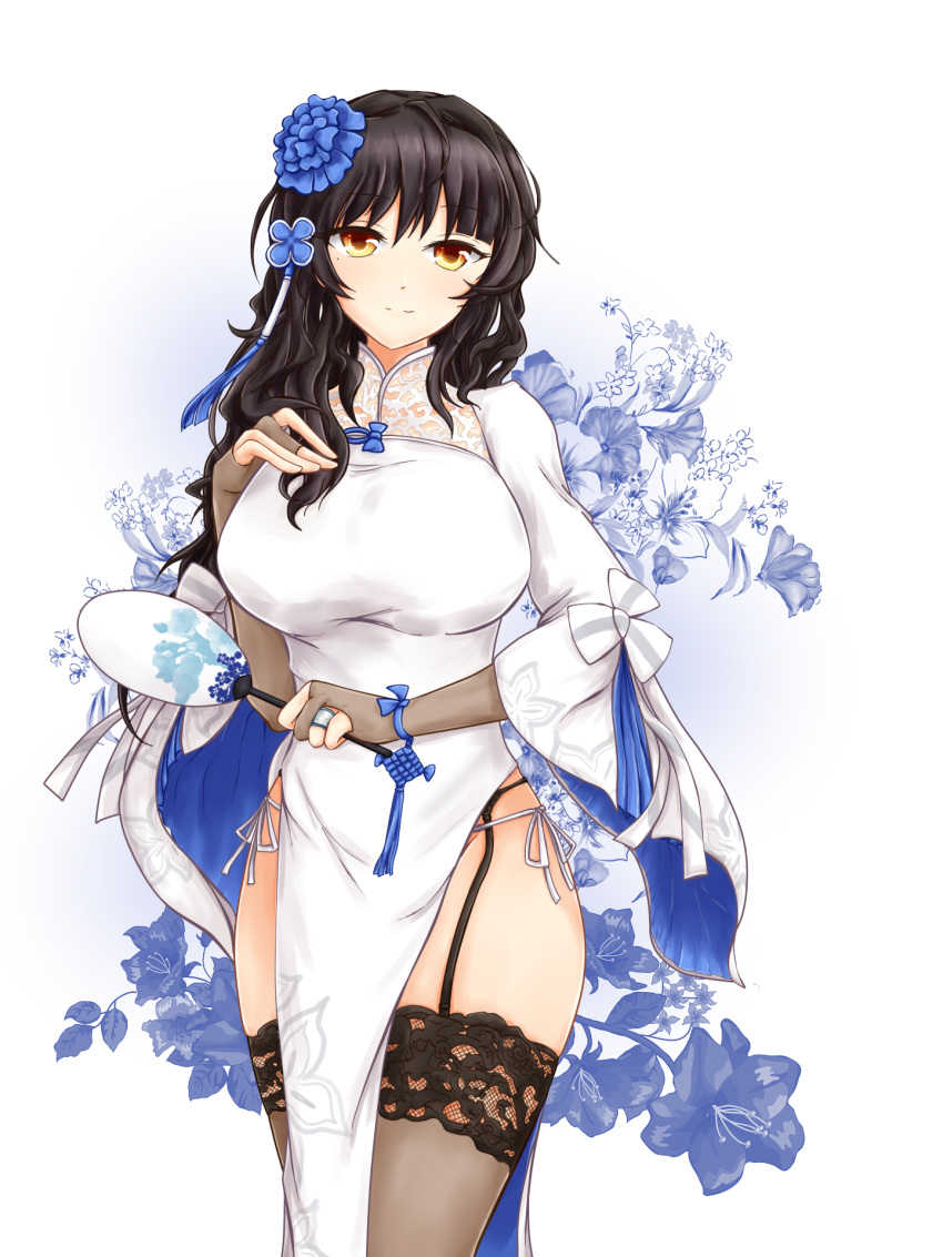 alternate_costume arm_across_waist bangs black_hair blue_ribbon blush breasts bridal_gauntlets brown_gloves brown_legwear china_dress chinese_clothes chinese_commentary closed_mouth commentary_request dress eyebrows_visible_through_hair fan flower garter_straps girls_frontline gloves groin hair_between_eyes hair_flower hair_ornament hairband hand_on_own_chest head_tilt highres holding holding_fan jewelry lace lace-trimmed_thighhighs large_breasts liulang_no_a_qiang long_hair looking_at_viewer messy_hair mole mole_under_eye panties paper_fan pelvic_curtain pumps qbz-95_(girls_frontline) ribbon ring side-tie_panties sidelocks smile solo standing thighhighs thighs uchiwa underwear very_long_hair wedding_band white_panties white_ribbon wide_sleeves wrist_ribbon yellow_eyes