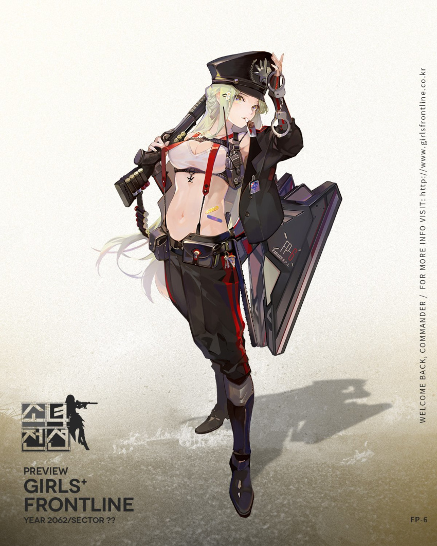 armpits bandaid belt black_footwear black_jacket blush boots bra braid breasts character_name cleavage collarbone commentary_request copyright_name cuffs elbow_gloves exoskeleton fingerless_gloves food fp-6 fp-6_(girls_frontline) full_body girls_frontline gloves green_hair gun hair_ornament hair_over_shoulder hairclip hand_on_headwear hat head_tilt highres holding holding_gun holding_weapon jacket key knee_boots korean_commentary large_breasts logo long_hair looking_at_viewer machinery mole mole_on_breast mouth_hold navel nineo official_art open_clothes open_jacket pants peaked_cap pouch purple_eyes shield shotgun shotgun_shells shotgun_speed_loader sidelocks solo star stomach striped striped_pants suspenders trigger_discipline underwear very_long_hair walkie-talkie weapon white_bra