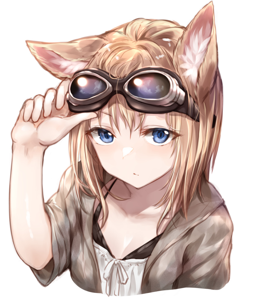 animal_ears blonde_hair blue_eyes commentary_request expressionless goggles goggles_on_head hand_on_goggles highres looking_at_viewer original short_sleeves sukemyon