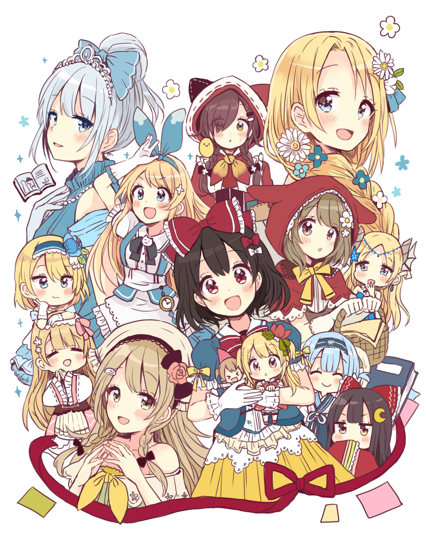 &gt;_&lt; :d :o absurdres alice_(wonderland) alice_in_wonderland animal animal_hood animal_on_shoulder basket bird black_hair blonde_hair blue_bow blue_eyes blue_flower blue_ribbon blush book bow bowtie braid brown_eyes brown_hair bunny_hood capelet carrying cat_hood chick closed_eyes covering_mouth crescent daisy flower frilled_bow frilled_gloves frilled_shirt_collar frilled_skirt frilled_sleeves frills gloves green_eyes hair_bun hair_flower hair_ornament hair_over_one_eye hair_over_shoulder hair_ribbon hairclip hand_on_own_chest hand_over_own_mouth hands_together head_chain head_scarf head_wings highres holding holding_basket hood hooded_capelet horns jewelry leaning_on_person little_red_riding_hood little_red_riding_hood_(grimm) long_hair looking_at_viewer minigirl multiple_girls neckerchief necklace open_book open_mouth original pearl_necklace pink_flower pink_ribbon pink_rose pocket_watch rapunzel rapunzel_(grimm) red_capelet red_hood ribbon rose sakura_oriko salute short_hair short_sleeves side_braids single_braid skirt smile tiara twin_braids two_side_up v-shaped_eyebrows watch white_flower white_gloves xd yellow_neckwear yellow_skirt