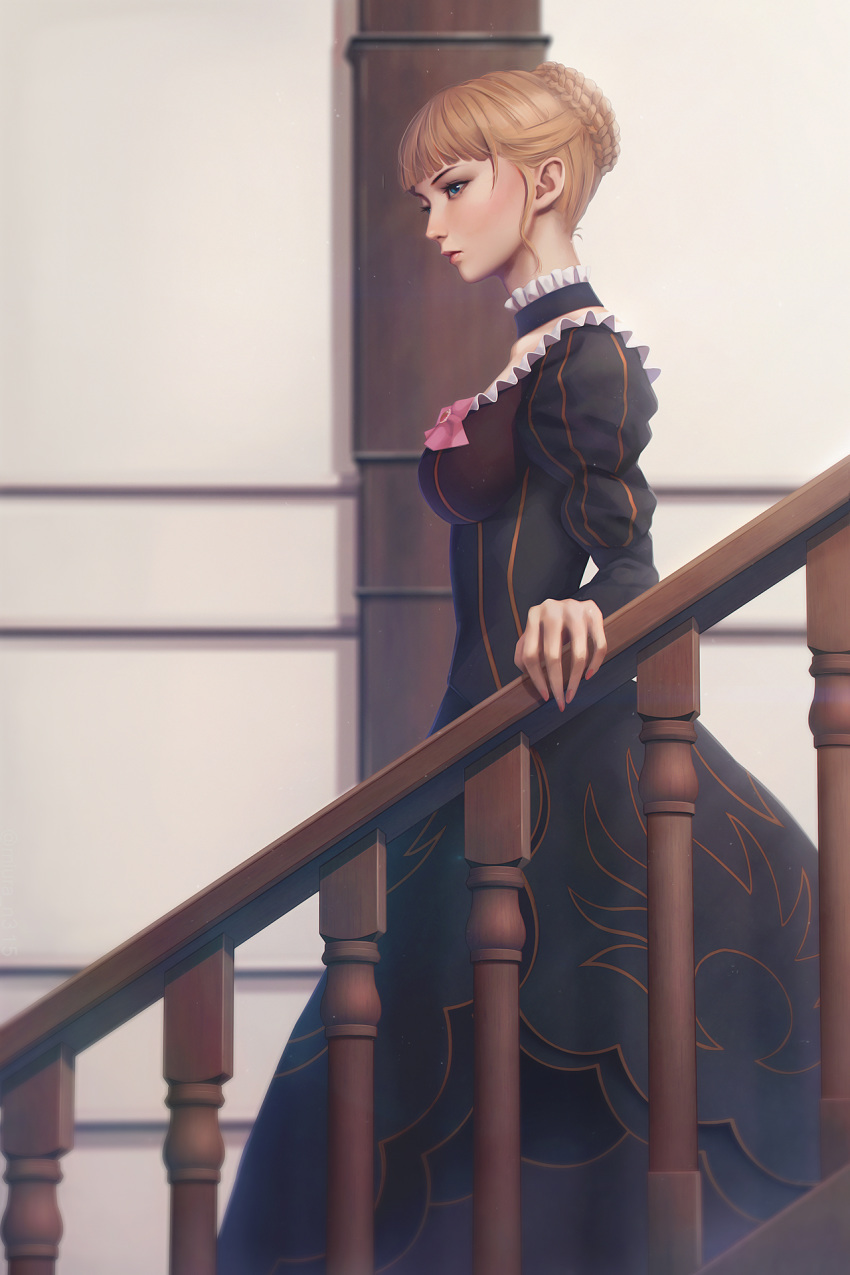 banister beatrice blonde_hair blue_eyes breasts choker closed_mouth dress frills highres indoors large_breasts lips miura-n315 short_hair solo stairs standing umineko_no_naku_koro_ni