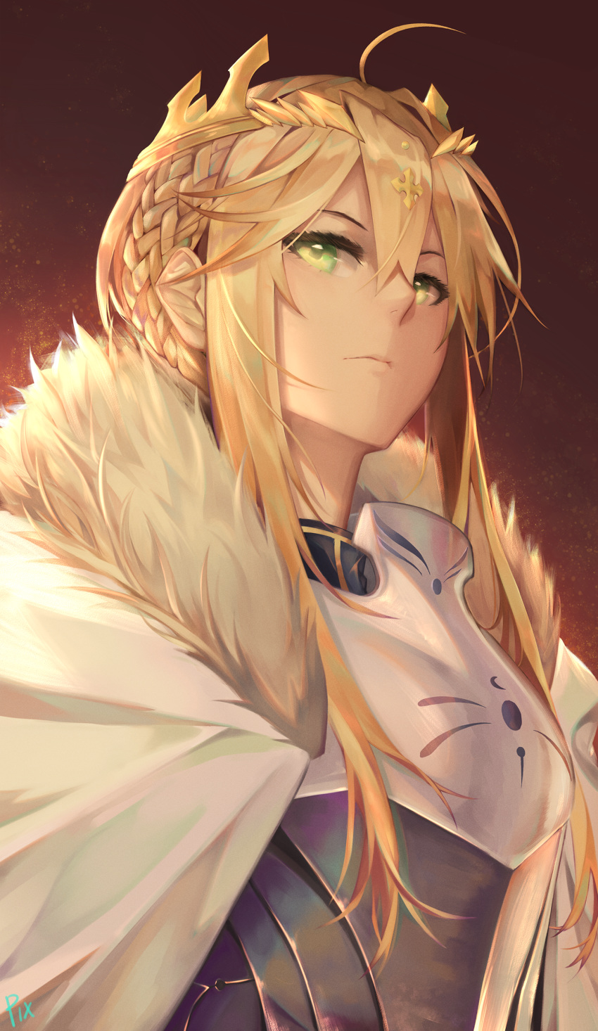 absurdres armor artoria_pendragon_(all) artoria_pendragon_(lancer) blonde_hair cape fate/grand_order fate_(series) from_below fur_trim green_eyes hair_between_eyes highres kamoboko looking_at_viewer sidelocks solo tied_hair upper_body white_cape