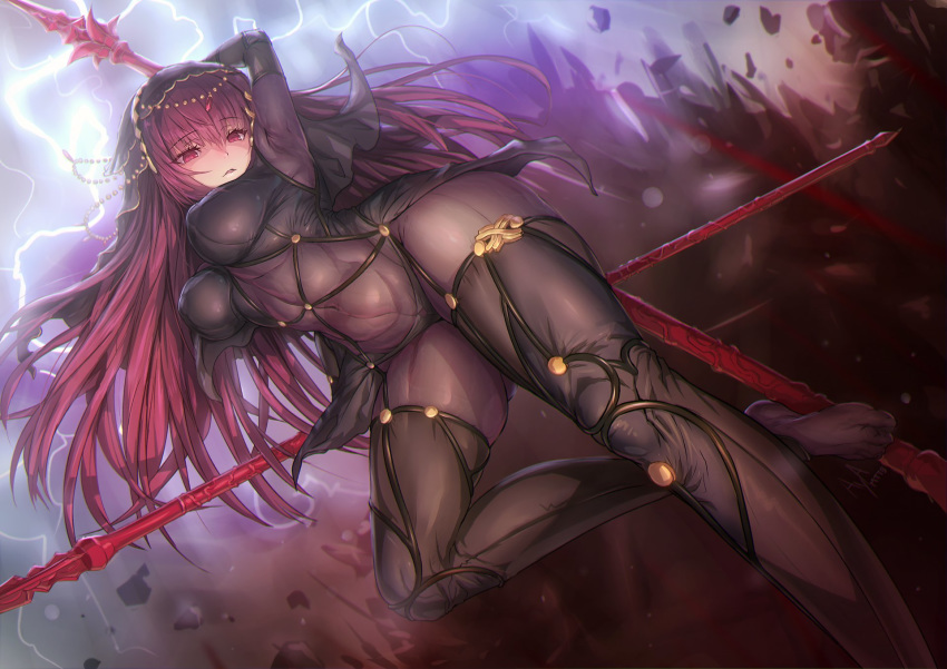arm_behind_back arm_behind_head aya_shobon bangs blurry blurry_background blush bodysuit breasts commentary_request covered_navel dual_wielding elbow_gloves eyebrows_visible_through_hair fate/grand_order fate_(series) floating_hair flower gae_bolg gloves hair_between_eyes highres holding large_breasts leg_up lightning lightning_bolt long_hair looking_at_viewer navel open_mouth panties pauldrons polearm purple_bodysuit purple_eyes purple_hair red_eyes ruby_(stone) scathach_(fate)_(all) scathach_(fate/grand_order) sidelocks signature skindentation smile solo spear underwear veil very_long_hair weapon