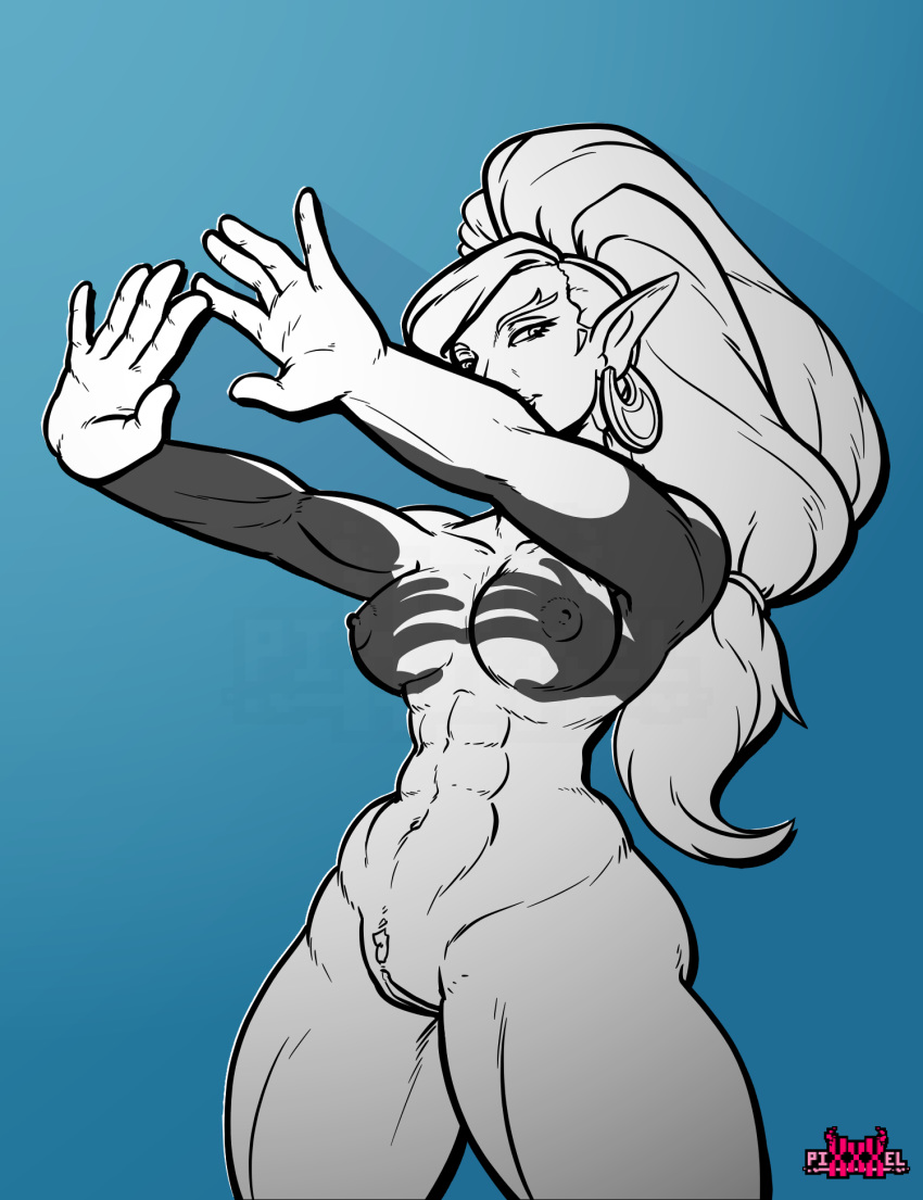 abs breasts breath_of_the_wild digital_media_(artwork) ear_piercing female gerudo hair long_hair looking_at_viewer monochrome muscular muscular_female nintendo nipples not_furry nude piercing pixxxel pointy_ears pussy simple_background smile solo the_legend_of_zelda urbosa video_games