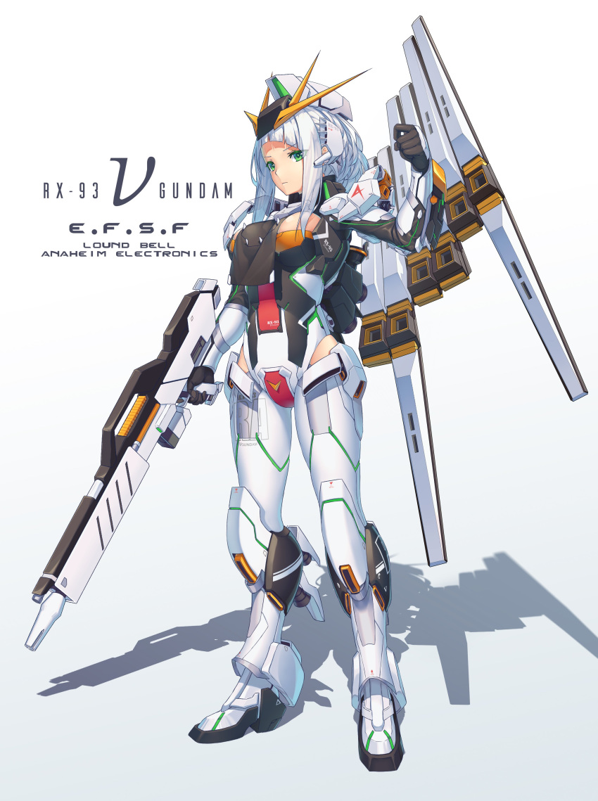 absurdres armored_boots beam_rifle boots char's_counterattack character_name commentary energy_gun eyes_visible_through_hair fin_funnels full_body green_hair gundam highres leotard looking_at_viewer mecha_musume neko7 nu_gundam personification shadow simple_background solo standing thrusters weapon white_background white_hair