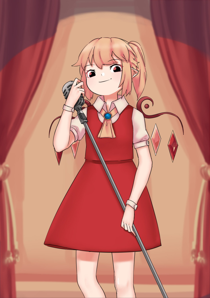 absurdres ascot black_eyes blonde_hair brooch closed_mouth commentary cowboy_shot crystal curtains english_commentary eyebrows_visible_through_hair feet_out_of_frame flandre_scarlet highres holding holding_microphone holding_microphone_stand jewelry looking_at_viewer microphone microphone_stand no_hat no_headwear pointy_ears puffy_short_sleeves puffy_sleeves red_skirt red_vest short_hair short_sleeves side_ponytail skirt skirt_set smile solo standing touhou vest vintage_microphone wings wrist_cuffs yellow_neckwear yoruny