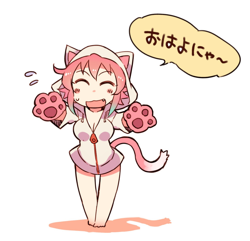 animal_ears animal_hood blush_stickers cat_ears cat_hood cat_tail chibi commentary_request fang gloves highres hood kusanagi_tonbo original paw_gloves paws solo speech_bubble tail translated