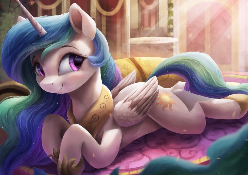 2018 absurd_res blush carpet castle cushion cute cutie_mark drapes equine eyebrows eyelashes feathered_wings feathers female feral friendship_is_magic hair hi_res hooves horn inside long_hair looking_at_viewer lying mammal multicolored_hair my_little_pony on_front portrait princess_celestia_(mlp) purple_eyes rainbow_hair smile solo sunlight vanillaghosties white_feathers winged_unicorn wings