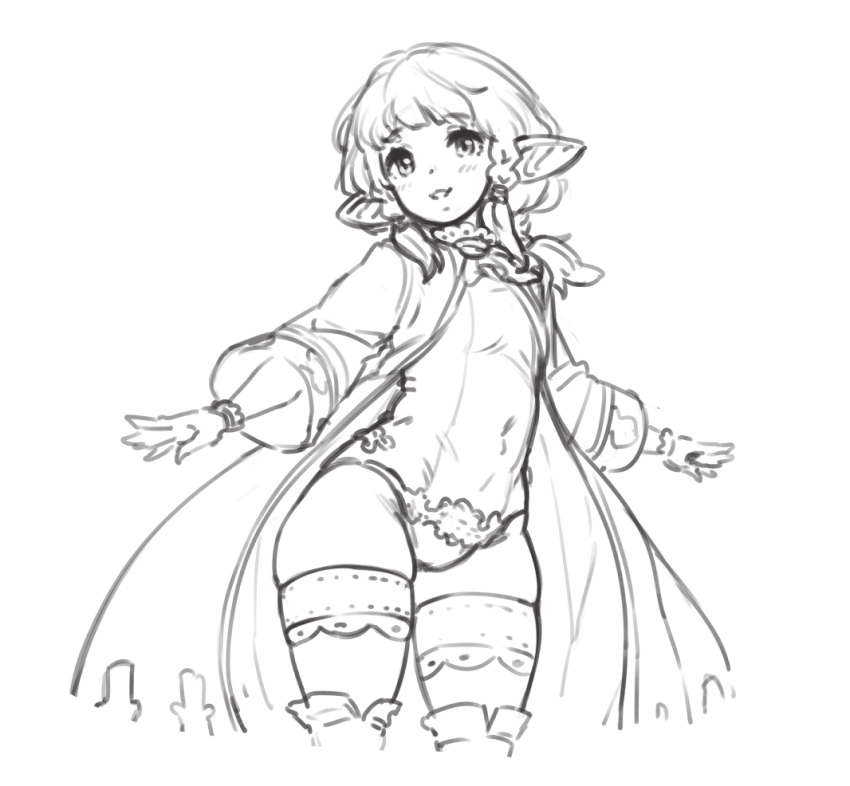 barbariank braid commentary english_commentary granblue_fantasy greyscale harvin looking_at_viewer monochrome panties philosophia pointy_ears robe simple_background sketch skindentation smile solo thighhighs twin_braids underwear