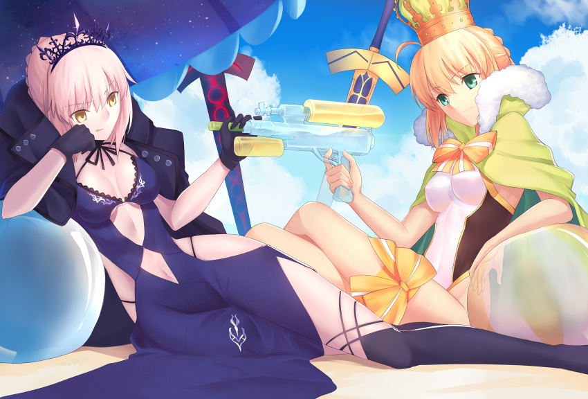 :q artoria_pendragon_(all) artoria_pendragon_(swimsuit_archer) artoria_pendragon_(swimsuit_rider_alter) ball bangs beach beach_umbrella beachball black_gloves blonde_hair blue_dress blue_legwear bow braid breasts cape cleavage cloud coat competition_swimsuit covered_nipples crown dark_excalibur day dress excalibur eyebrows_visible_through_hair fate/grand_order fate_(series) french_braid fur-trimmed_cape fur_trim gloves gogatsu_fukuin green_eyes hair_between_eyes highleg highleg_swimsuit highres jacket_on_shoulders medium_breasts multiple_girls navel navel_cutout one-piece_swimsuit planted_sword planted_weapon saber sand short_hair sly smile swimsuit sword thigh_bow thighhighs tiara tongue tongue_out umbrella water_gun weapon white_swimsuit yellow_eyes