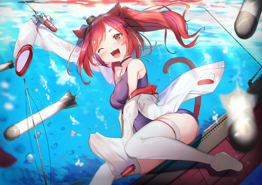 :d animal_ears arm_up azur_lane blush breasts bubble cat_ears cat_tail commentary_request day fang hair_ornament highres holding holding_weapon i-19_(azur_lane) isaka_wasabi long_hair long_sleeves looking_at_viewer machinery one_eye_closed open_mouth red_eyes red_hair rigging school_swimsuit smile solo sunlight swimsuit tail thighhighs torpedo twintails underwater weapon white_legwear
