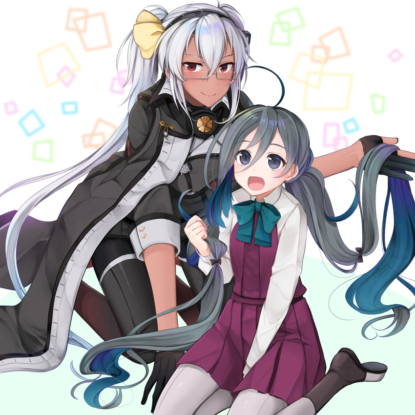 absurdres ahoge black_gloves blue_hair boots bow bowtie commentary_request dark_skin glasses gloves grey_eyes grey_hair grey_legwear hair_between_eyes halterneck headgear highres holding holding_hair kantai_collection kiyoshimo_(kantai_collection) long_hair looking_at_viewer low_twintails multicolored_hair multiple_girls musashi_(kantai_collection) open_mouth pantyhose partly_fingerless_gloves red_eyes remodel_(kantai_collection) school_uniform semi-rimless_eyewear shirt sitting smile twintails two_side_up very_long_hair wariza white_background white_shirt yunamaro