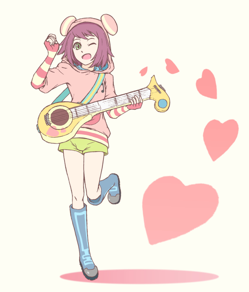 1girl abanasosu boots child fingerless_gloves gloves green_eyes green_shorts guitar heart hibiki_misora hood hoodie instrument musical_note one_leg_raised open_mouth purple_hair short_hair short_shorts shorts simple_background smile solo standing standing_on_one_leg white_background