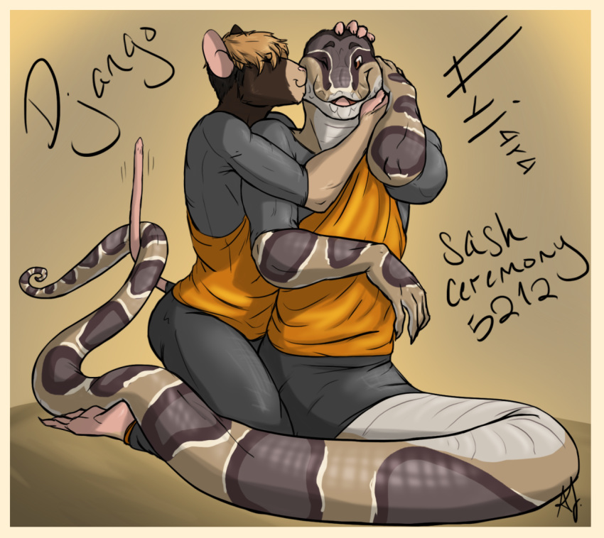 bald clothed clothing cute django embarrassed hair hug hyjara kissing kitterjitters male male/male mammal mouse reptile rodent scalie short_hair snake