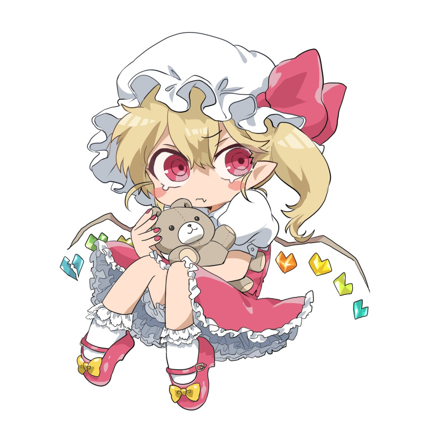 blonde_hair bloomers blush_stickers bow commentary_request doll_hug fang fang_out flandre_scarlet frilled_skirt frills hat highres mob_cap puffy_short_sleeves puffy_sleeves red_bow red_eyes red_footwear red_skirt red_vest semimaru_(user_zzuy5884) shirt shoes short_hair short_sleeves side_ponytail simple_background skirt solo stuffed_animal stuffed_toy teddy_bear touhou underwear vest white_background white_shirt wings yellow_bow