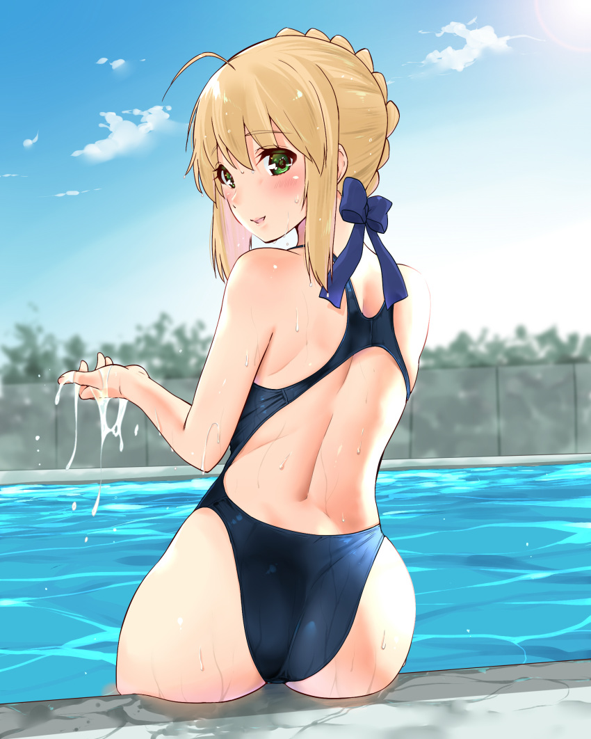 absurdres ahoge artoria_pendragon_(all) ass back blonde_hair blue_bow blue_swimsuit blush bow competition_swimsuit day fate/stay_night fate_(series) from_behind green_eyes hair_bow hair_bun highres looking_back one-piece_swimsuit outdoors pool poolside saber sarfata sidelocks sitting sky soaking_feet solo swimsuit water wet wet_clothes