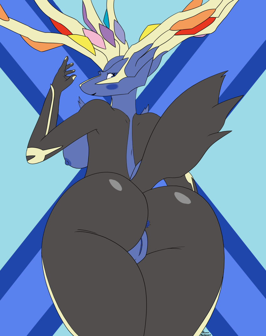 anthro anthrofied antlers anus areola back_boob baron_montesque big_breasts big_butt black_fur blue_anus blue_eyes blue_fur blue_nipples blue_pussy blush breasts butt cervine edit female fur horn legendary_pok&eacute;mon looking_at_viewer looking_back mammal nintendo nipples pok&eacute;mon pok&eacute;mon_(species) pussy rear_view thick_thighs video_games voluptuous x_pupils xerneas xerneas_(active_mode) xth46