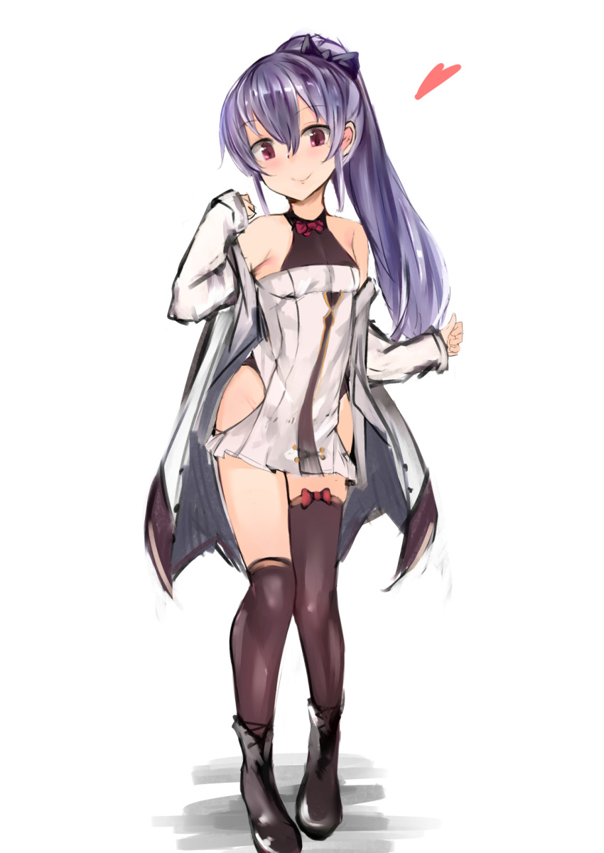 asymmetrical_legwear bare_shoulders black_footwear boots bow_legwear brown_legwear full_body heart highres hip_vent long_hair looking_at_viewer muoto original ponytail purple_hair red_eyes simple_background smile solo thighhighs undressing white_background