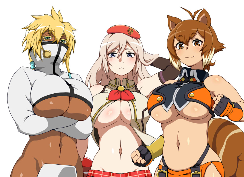 3girls alisa_ilinichina_amiella blazblue bleach breast_hold breasts crossed_arms dark_skin god_eater highres large_breasts looking_at_viewer makoto_nanaya mantan multiple_girls navel revealing_clothes tier_harribel underboob