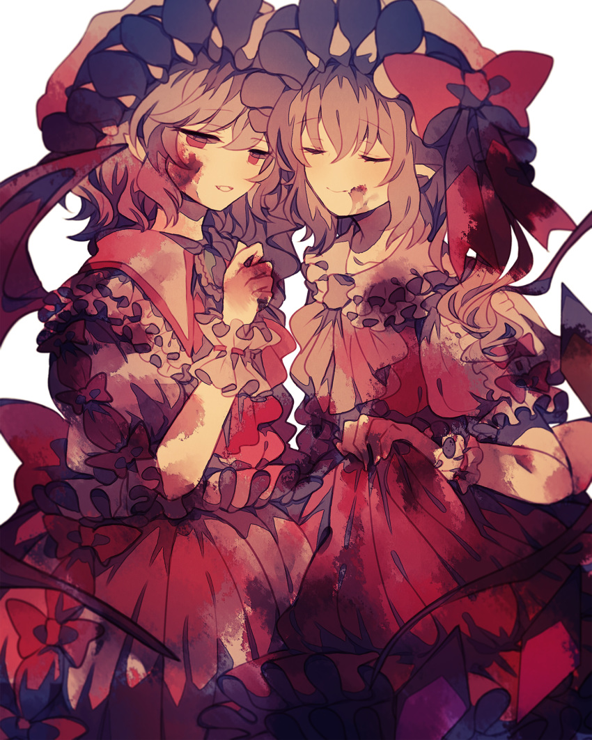 ascot bat_wings blonde_hair blood blood_on_face bloody_clothes bow brooch closed_eyes commentary_request crystal dress eyebrows_visible_through_hair fang flandre_scarlet frilled_shirt_collar frills grey_hair hand_up hat hat_bow highres jewelry mob_cap multiple_girls parted_lips pointy_ears puffy_short_sleeves puffy_sleeves red_bow red_dress red_eyes red_neckwear remilia_scarlet short_hair short_sleeves siblings side_ponytail simple_background sisters skirt_hold smile touhou white_background white_dress wings wiriam07 wrist_cuffs yellow_neckwear