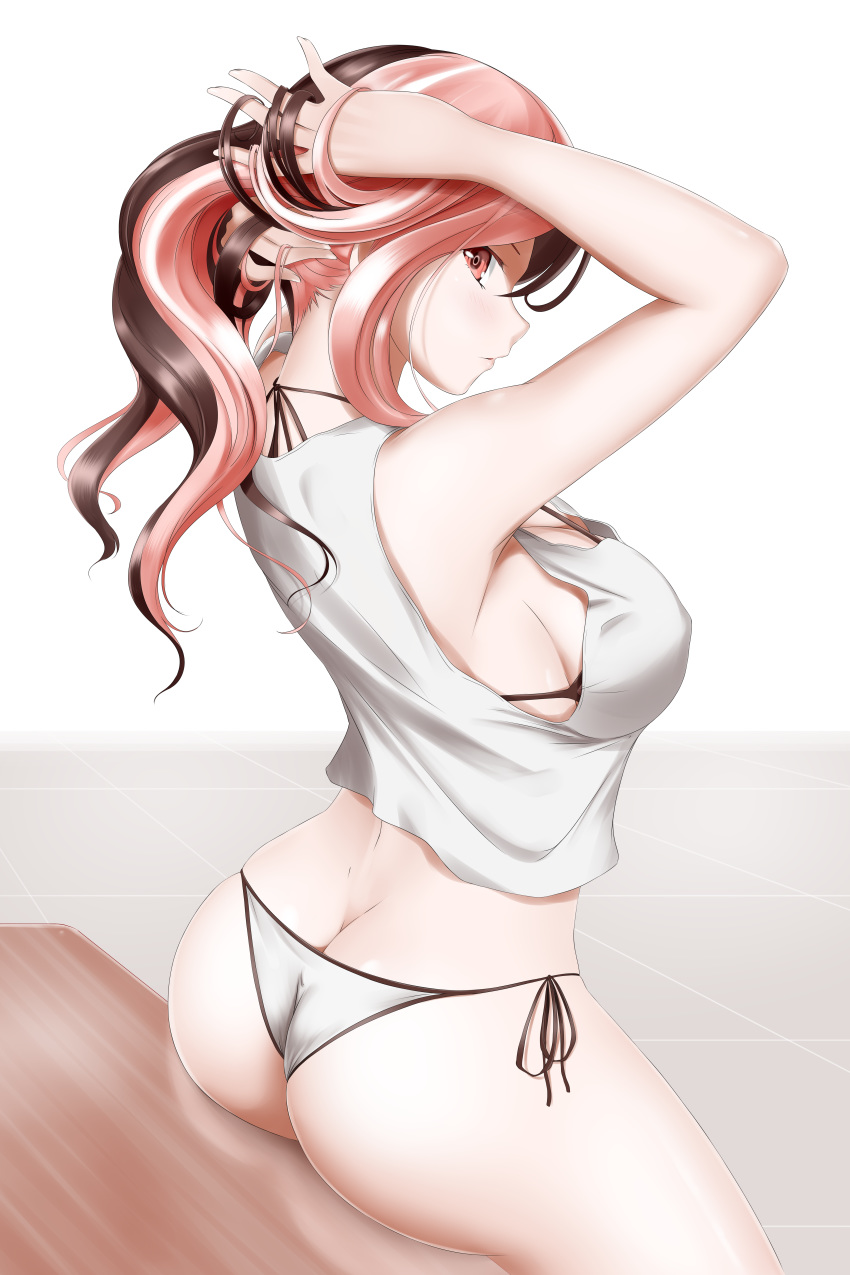 1girl adjusting_hair alfred_cullado arms_behind_head arms_up ass bare_shoulders belt bikini_top blush breasts brown_hair brown_pants butt_crack cleavage from_behind hands_in_hair jewelry large_breasts lips long_hair looking_at_viewer looking_back multicolored_hair necklace neo_(rwby) panties parted_lips patreon_reward pink_eyes pink_hair rwby shiny shiny_hair shiny_skin sitting solo transparent_background two-tone_hair white_hair