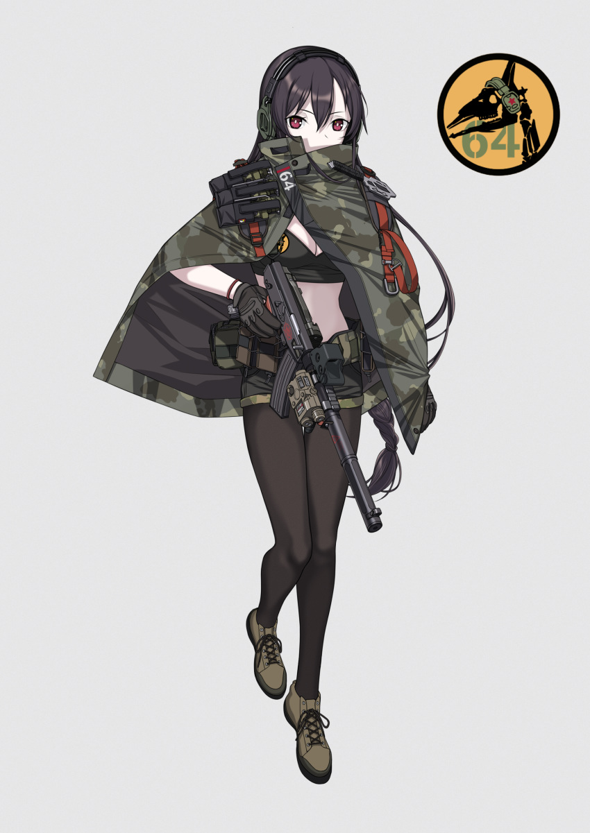 absurdres alternate_costume belt belt_pouch black_gloves black_hair braid breasts camouflage camouflage_print camouflage_shorts cleavage cloak commentary_request covered_mouth crop_top earmuffs explosive expressionless flashbang girls_frontline gloves grenade grey_background gun hair_between_eyes headphones highres holding holding_gun holding_weapon logo long_hair looking_at_viewer magazine_(weapon) medium_breasts midriff military military_uniform pantyhose pouch red_eyes shoes short_shorts shorts sidelocks simple_background skeleton sling solo strap submachine_gun thigh_gap type_64_(girls_frontline) type_64_smg uniform weapon woodland_pattern yitiao_er-hua