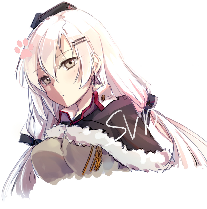 absurdres aiguillette breasts capelet character_name closed_mouth expressionless eyebrows_visible_through_hair girls_frontline grey_eyes hair_between_eyes hair_ornament hair_ribbon hairclip hamster_(hanmster) hat highres large_breasts long_hair looking_at_viewer low_twintails paw_print ribbon sidelocks silver_hair simple_background sketch solo svd_(girls_frontline) twintails upper_body